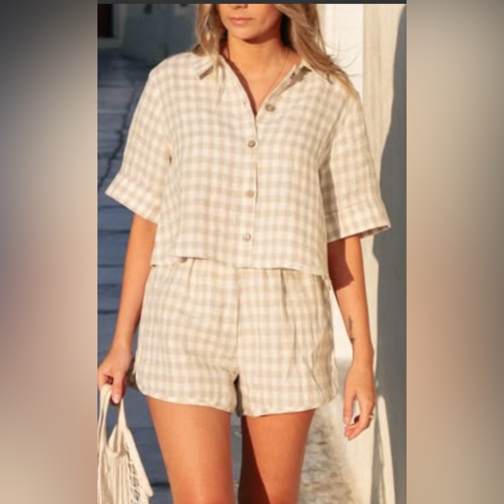 C&A Women's Checkered Pajama Set Good Night Cotton Blend Beige Green Peach  SZ M